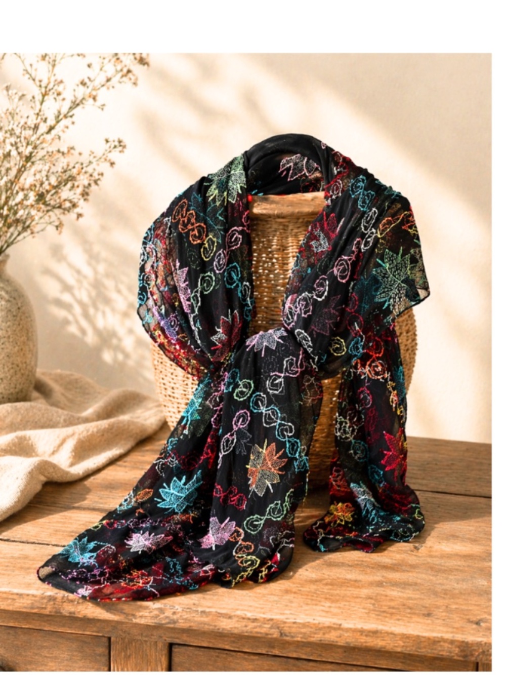 Boho Hand Embroidered Shawl Dupatta Black Sheer Colorful Ethnic Wrap 80”